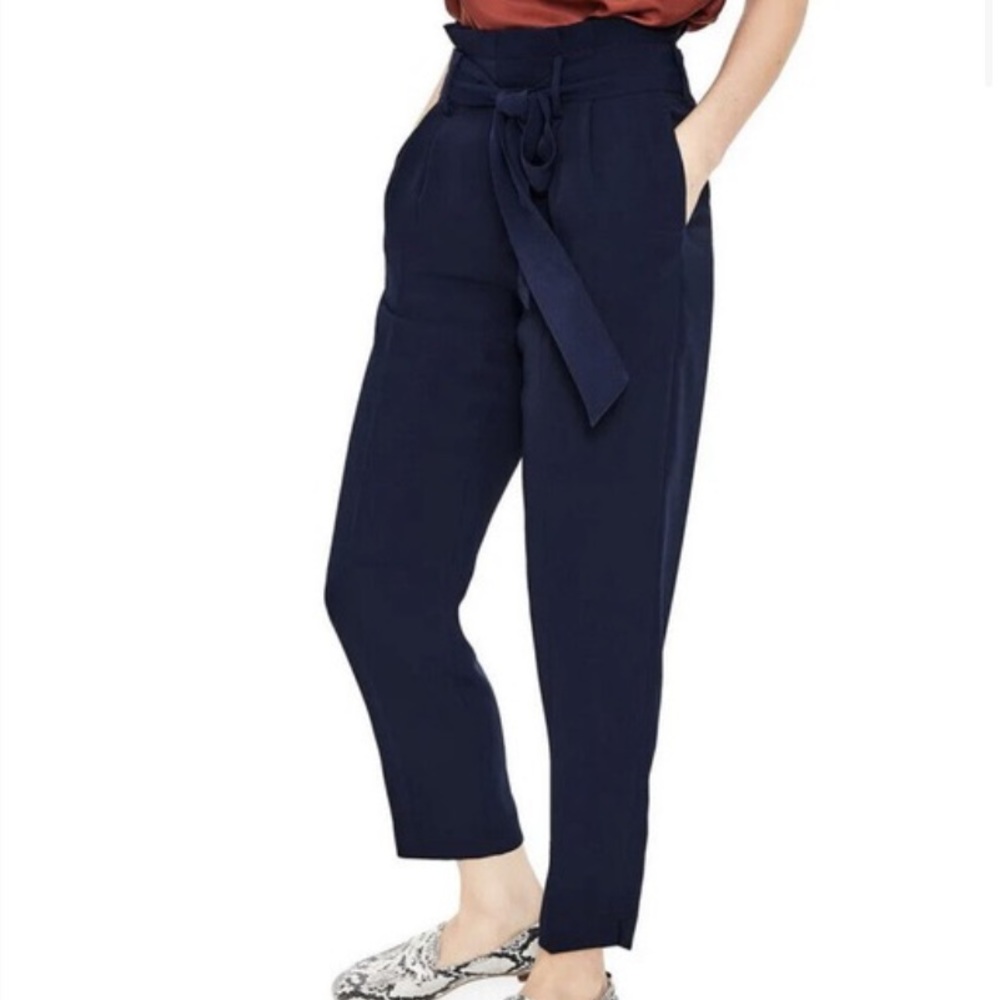 Boden Pants Dark Green Linen Cotton High Waisted Paper Bag Tie Belt Trousers